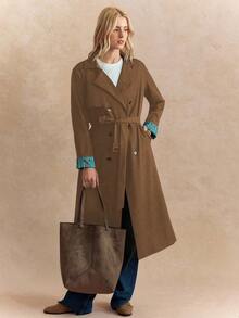 Écloséra French Retro Navy Blue Striped Fitted Lapel Original Fabric Belt Waist Closure Slant Pockets Women's Autumn/Winter Long Sleeve Trench Coat With Contrasting Butterfly Print Lining - Camel - View 4