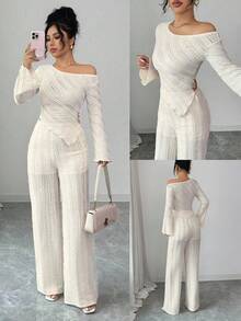 Selianne 女式不对称下摆金属扣长袖上衣和裤子优雅针织两件套 - 杏色 - 查看 2