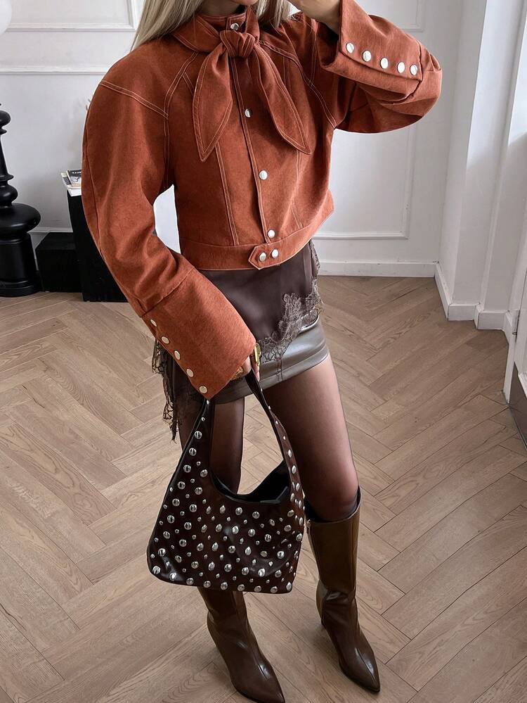 Siren Gaze Women's Autumn Fashionable Commuter Tie Collar Jacket Crop Top Brown Blouse Rust Cropped Blouse,Winter Clothes For Women,Women's Coat Casual Spring - Mocha Brown - View 5