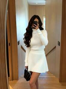 SHEIN Elenzya 2pcs Set: Elegant Commuter White Lapel Long Sleeve Drop Shoulder Knit Sweater & Skirt, Autumn/Winter - White - View 8