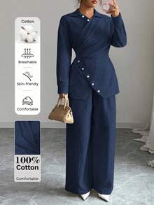 Modelyn 大码梭织成衣染色棉长袖裹身式上衣和直筒裤两件套，适合秋冬季穿着。 - 藏蓝色 - 查看 1