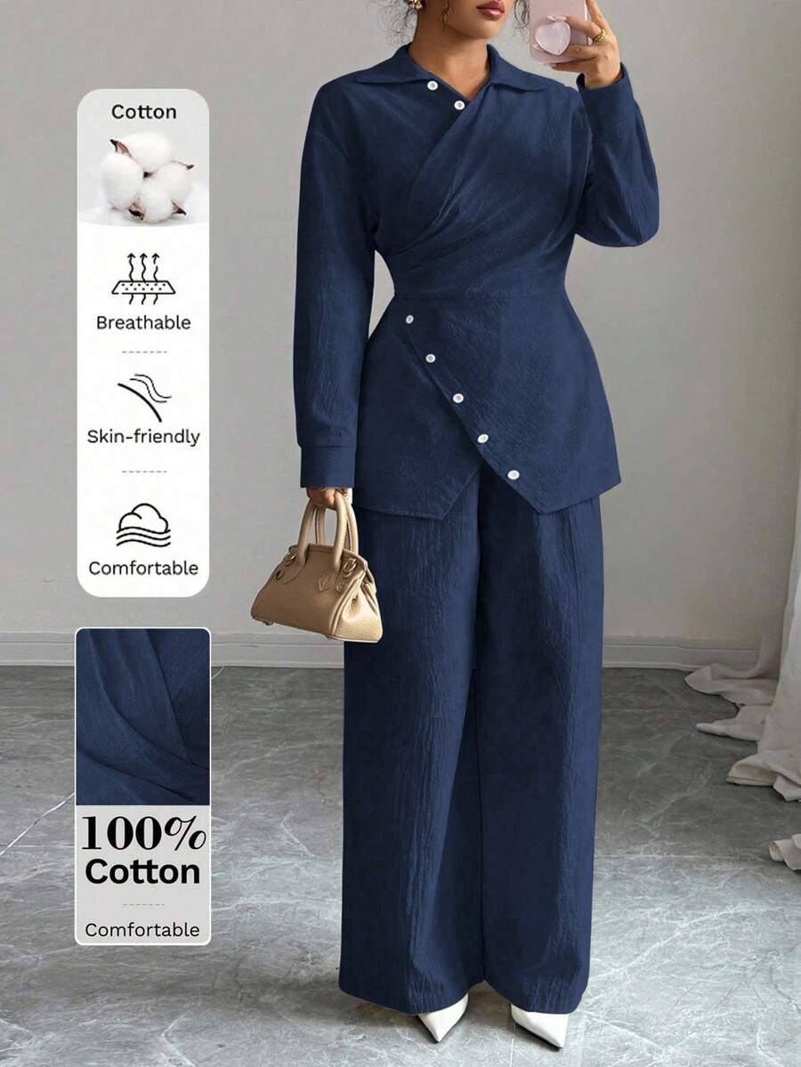 Modelyn 大码梭织成衣染色棉长袖裹身式上衣和直筒裤两件套，适合秋冬季穿着。 - 藏蓝色 - 查看 1