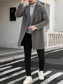 Manfinity Homme 男士纯色翻领单排扣休闲大衣，秋冬男士外套，男士长款灰色外套，男士灰色大衣，男士灰色开衫 - 深灰色 - 查看 3