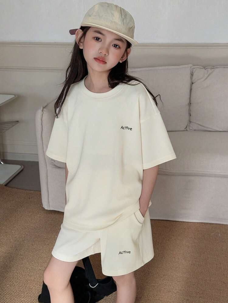 2pcs Sets (Top + Shorts) Tween Girl Casual Round Neck Short Sleeve T-Shirt Top And Shorts,Girls Summer Outfits,Back To School Clothes