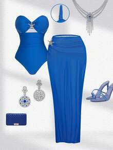 Swim Oasis Costum de baie dintr-o singură piesă pentru femei, mărime plus, cu bretele detașabile, culoare bleumarin solid și fustă maxi din plasă