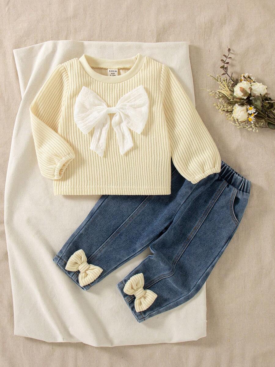 SHEIN 2 件套女婴秋冬休闲风格套装，蝴蝶结装饰，长袖上衣和长牛仔裤 - 杏色 - 查看 1