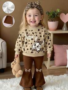 两件套可爱豹纹兔子图案卫衣和喇叭裤套装，适合女婴，舒适的秋冬及圣诞节服装 - 彩色 - 查看 2