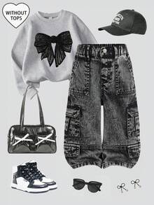 Quần cargo denim đen dáng rộng phong cách Y2K cho bé gái, thích hợp cho mùa thu, mùa đông, đi nghỉ mát, phong cách thập niên 2000, Giáng sinh, thời trang đường phố. - màu đen - Xem 2