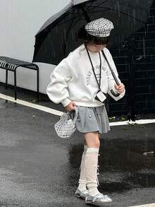 Dazy Kids Tween Girl Drop Shoulder Casual Crew Neck Slogan Embroidered Fleece Sweatshirt, Autumn/Winter - White - View 4