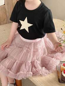 DAZY Set de 2 piezas - Camiseta de manga corta con estampado de estrella y falda de malla para niña, conjunto de verano para niñas