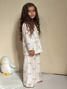 DAZY Young Girl Bow Print Long Sleeve Top And Pants Casual Pajama Set Fall,Winter - Beige - View 3