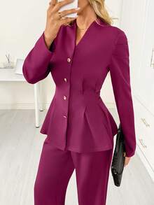 Chiquease Women's Elegant Daily Waist Cinched Suit Set - Burgundy - View 4