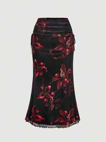 SHEIN MOD 大码女式花卉印花扭花前喇叭袖上衣和鱼尾裙优雅套装，女士秋季服装，秋季女式裙子秋季套装，高挑女装，女士秋季套装，度假装热带花卉两件套 - 彩色 - 查看 7