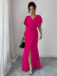 Elenzga 女式荷叶边袖 V 领束腰紧身开衩鱼尾下摆优雅浪漫连衣裙 - 玫紅色 - 查看 5