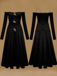 Briarwyn Women's Off Shoulder Long Sleeve Metal Decor Flared Dress,Black N Gold,Autumn,Elegant,Dining,Luxurious Old Money Style Halloween Christmas Costume - Black - View 8