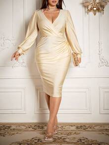 Flirla Đầm dài tay bồng cổ chữ V màu trơn thanh lịch dành cho nữ, dáng suông, dài đến ngang eo, thời trang thu, dự tiệc - Màu be - Xem 2