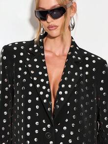 KIZN Winter Studded Dot Oversized Blazer Jacket With Padded Shoulders Long Sleeve Button Front Double Breasted Style Evening Party Outerwear - Black - View 5
