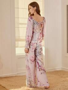 MOTF PREMIUM 花卉印花撞色蕾丝上衣和裤子睡衣套装 - 粉色 - 查看 3