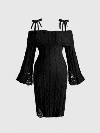 Goth 1pc Plus Size Women Shoulder Ripped Design Shoulder Strap Bodycon Dress