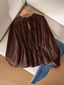 CosyJoli Plus Size Women V-Neck Contrast Lace Tie Back Long Sleeve Loose Blouse Spring - Coffee Brown - View 2
