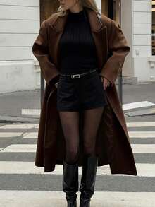 Glamine Classic Solid Color Urban Business Commute Women's Charming Elegant Fashion Coat, Lapel Decoration Autumn/Winter Outfit, Elegant Urban Street Chic Brown Wool Blend Jacket For Ladies