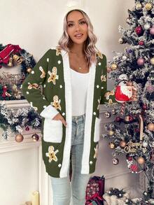 LanaWest Cárdigan con bolsillos duales y ribete de contraste con estampado de oso para ropa de Año Nuevo - Verde militar - Ver 4