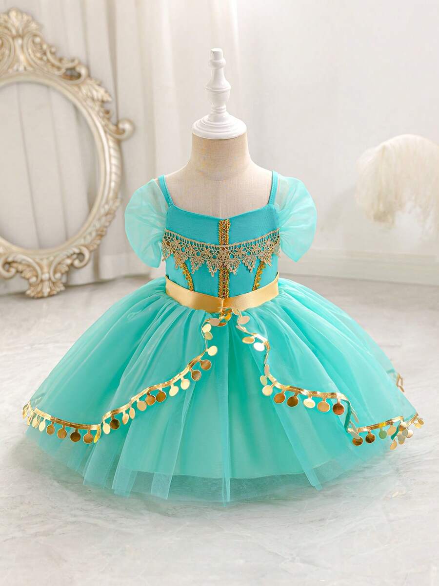 SHEIN Glamorique Kids Đầm công chúa voan cho bé gái, đầm lưới màu xanh lá cây, đầm dự tiệc sinh nhật, đầm dạ hội, đầm voan phồng hai dây màu xanh lá cây, đầm dự tiệc với ruy băng vàng, phong cách Trung Đông, đầm dạ hội thanh lịch - màu xanh lá - Xem 1