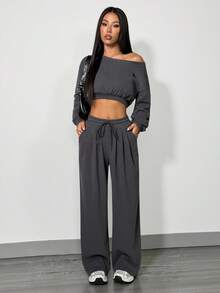 SHEIN PETITE Women's New Solid Color Crew Neck Drop Shoulder Long Sleeve Hoodie And Sweatpants Casual Loose Suit Grey Two Pieces Set ,Petite Women - Dark Grey - View 1
