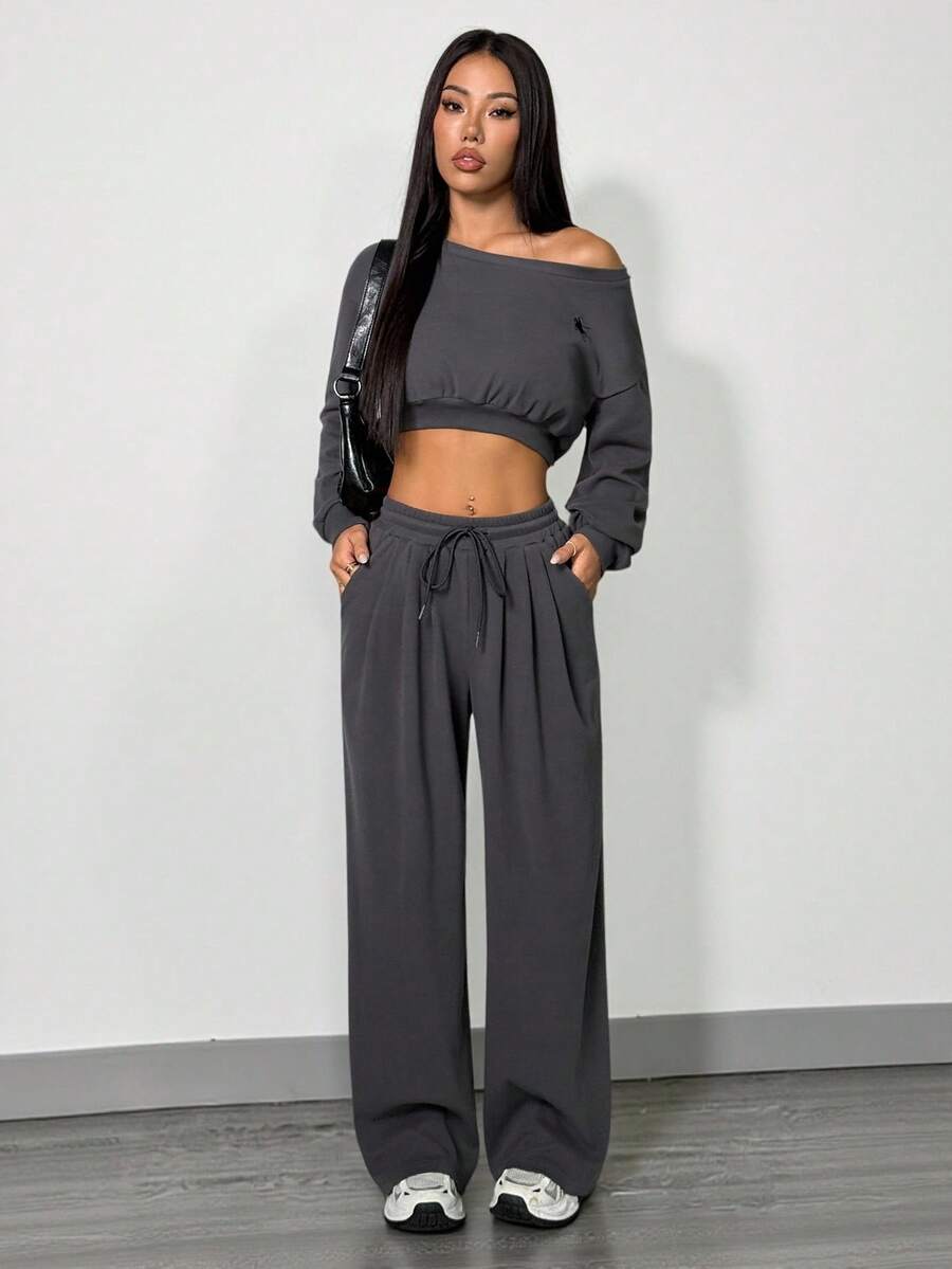 SHEIN PETITE Women's New Solid Color Crew Neck Drop Shoulder Long Sleeve Hoodie And Sweatpants Casual Loose Suit Grey Two Pieces Set ,Petite Women - Dark Grey - View 1