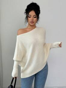 SHEIN Elenzya Suéter blanco de manga larga con textura acanalada, elegante y clásico para mujer, otoño/invierno - Crema - Ver 3