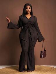 Veslaya 2025 Spring/Summer Plus Size Women Casual/Tropical Vacation/Road Trip/City Getaway Solid Color Khaki Collared Tie-Front Flare Sleeve Cardigan & Elastic Waist Wide Leg Pants 2-Piece Set 2 Piece Sets Woman Classy Elegant Two Piece Set Modest Two Piece Set Pant Suit Set Plus Tall Two Piece Set