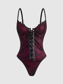 ROMWE Goth Sujetador con aros con diseño de alas de murciélago gótico, body sexy con cordones y diseño de telaraña - Burdeos - Ver 1