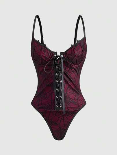ROMWE Gothic Bat Wing Underwire Bra, Grommet Tape Lace-Up Sexy Spider Web Bodysuit