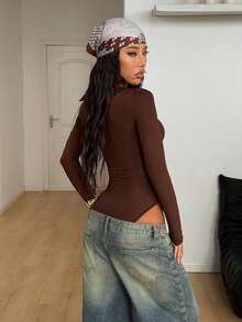 Coolane Women's Winter Streetwear Y2K Basic Daily Wear Casual Minimalist Stretchy Bustier Square Neck Long Sleeve Bodysuit 2pcs - Multicolor - View 6