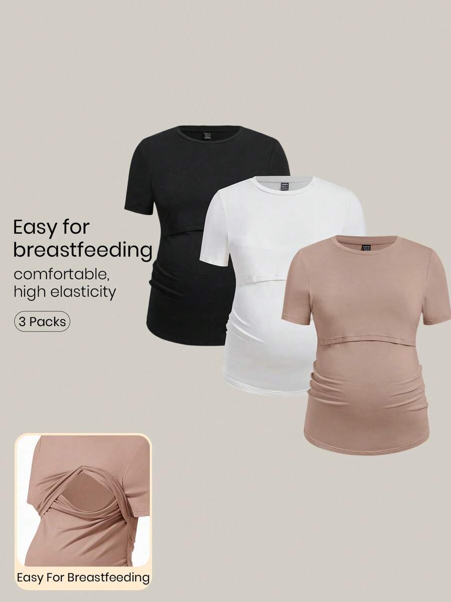 Modmama Pregnant Women Versatile Solid Color Short Sleeve Nursing T-Shirt, Short Sleeve Top - Khaki - View 1