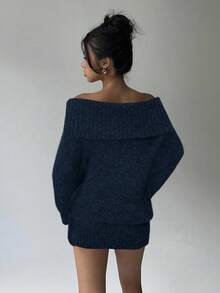 Aloruh Grey Off Shoulder Turtleneck Long Sleeve Mini Dress, Loose Top Tight Bottom, Suitable For Young Ladies, Autumn/Winter - Navy Blue - View 2