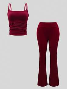 INAWLY 2 件套女士休闲纯色吊带背心和裤子套装，简约时尚，适合日常穿着 - 酒紅色 - 查看 3