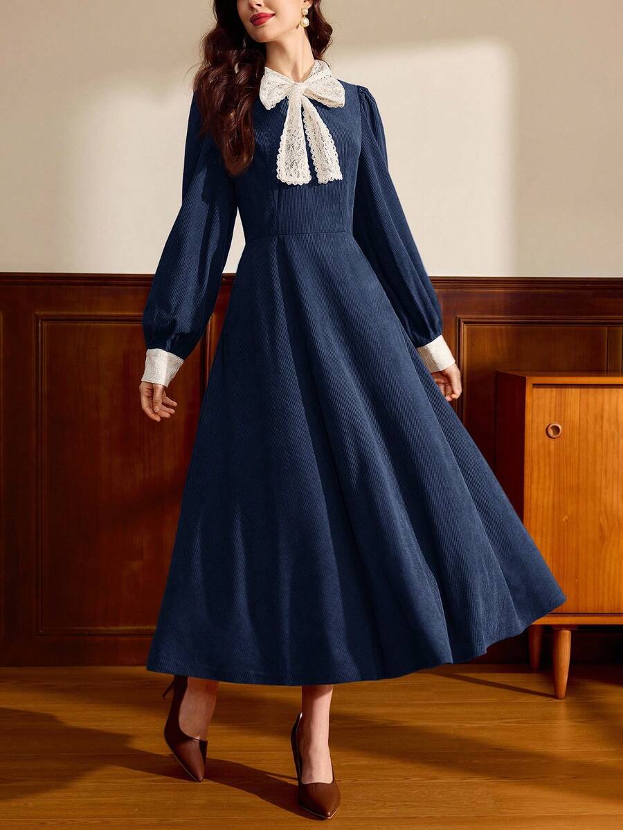 Vintamour 复古经典优雅女士连衣裙，秋冬季修身拼接连衣裙，蕾丝拼接荷叶边领长袖连衣裙，咖啡棕色