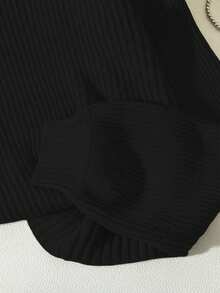 Franclia 女士休闲日常通勤简约纯色落肩宽松套头毛衣，秋冬 - 黑色 - 查看 4