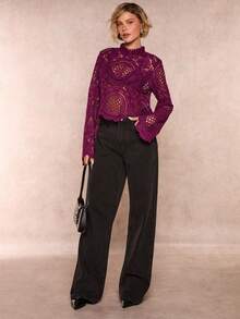 Glamine 中紫红色长袖碎花透视上衣，女士个性化长袖上衣，女士上衣，外出上衣，优雅女士上衣，女士碎花连衣裙 - 中紫紅色 - 查看 4