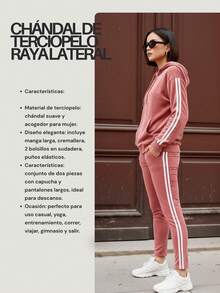 Conjunto de pants deportivo y casual para mujer, colores lisos, con líneas verticales en los laterales, tela tipo terciopelo de poliéster y spandex. pants sin bolsillos de ajuste regular con bota semi-entubada, talle de cintura natural. Sudadera deportiva, cuello redondo con capucha, silueta de ajuste regular, cierre con cremallera y bolsillos frontales tipo canguro funcionales. Muy fresco y cómodo, ideal para hacer deporte al aire libre, caminata en el parque o para ir al gimnasio. - Negro - Ver 5