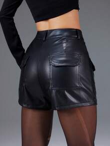 Bloopia Quần short ống loe phối túi da PU thời trang cá tính phong cách đường phố gợi cảm dành cho nữ mùa thu/đông Halloween - màu đen - Xem 2