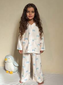 DAZY Young Girl Bow Print Long Sleeve Top And Pants Casual Pajama Set Fall,Winter - Beige - View 1