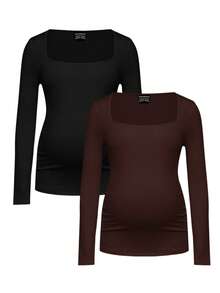 Modmama 孕妇纯色方领长袖褶皱修身休闲T恤 孕妇装 孕妇上衣 孕妇衬衫 产后服装 女士长袖上衣 - 咖啡棕 - 查看 11