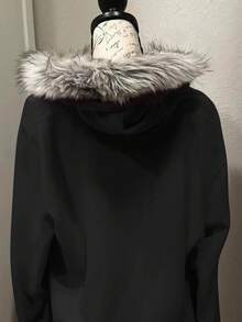 Glimmora Women's Regular Letter & Wing Print Zipper Front Hooded Sweatshirt With Fur Collar - Black - View 2