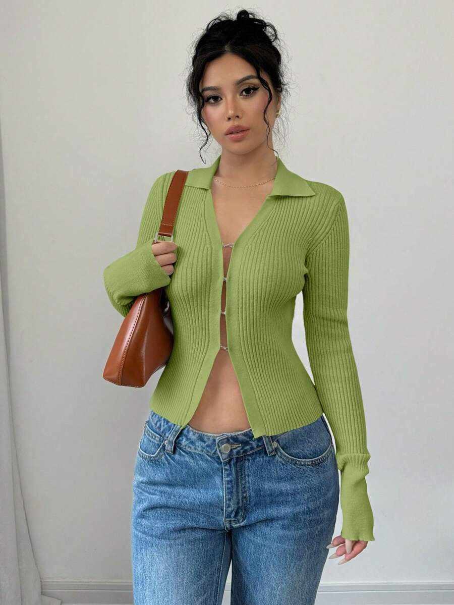 Elenzga Cárdigan ajustado con mangas acampanadas y cuello para mujer - verde menta - Ver 1