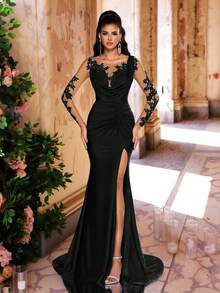 Glamrae Đầm dạ hội maxi dài tay, trong suốt, thêu tay tinh xảo, eo cao, dáng đuôi cá, xẻ tà bên hông, thích hợp cho ngày Valentine. - màu đen - Xem 1