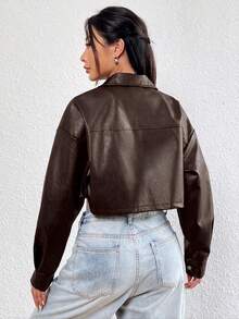 SHEIN EZwear 女士棕色纯色极简短款PU皮夹克，长袖 - 棕色 - 查看 2