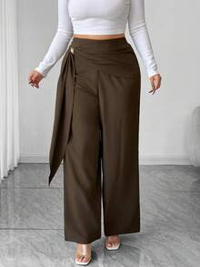 SHEIN Elenzya Quần ống rộng rộng rãi màu trơn đơn giản không đối xứng có ruy băng trang trí kim loại dành cho nữ cỡ lớn - Cà phê nâu - Xem 4