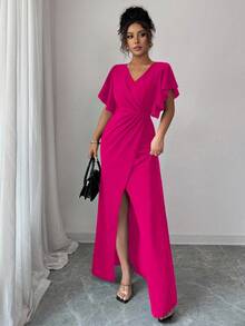 Elenzga 女式荷叶边袖 V 领束腰紧身开衩鱼尾下摆优雅浪漫连衣裙 - 玫紅色 - 查看 4